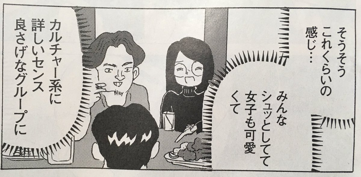 週刊SPA!連載「全員くたばれ!大学生」飲み会で孤立した亀田はカルチャーテーブルに混じるためバンドTシャツをこれ見よがしに見せつけすり寄るものの… 