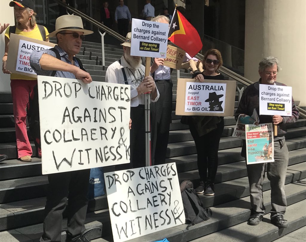 TimorSeaJustice's tweet photo. Good on the folks who also came out at the protest in Sydney today to #StandWithWitnessK and Bernard Collaery. The Attorney-General @cporterwa should shut down the prosecution because people that expose government wrong-doing should be thanked - not sent to prison. https://t.co/hu66O2hxRq