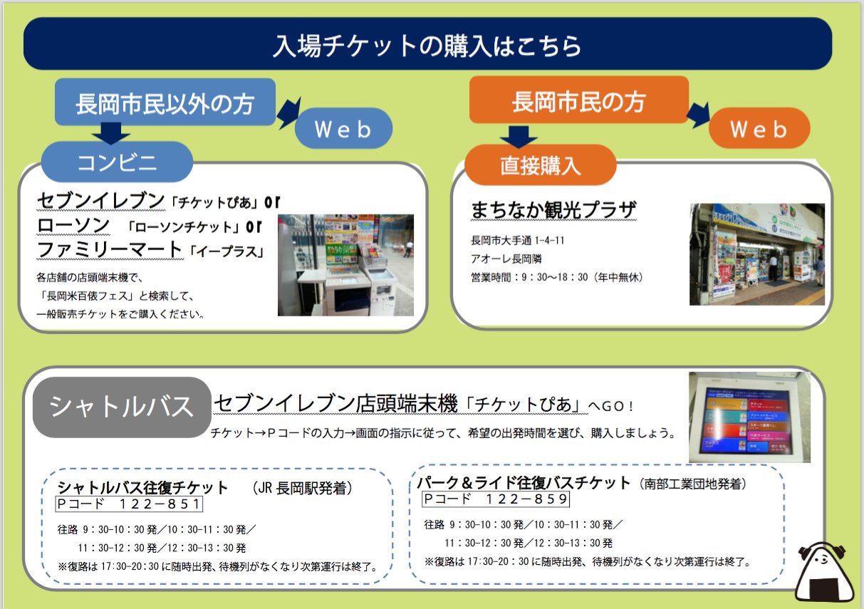 تويتر 米百俵フェス 花火と食と音楽と على تويتر チケットの買い方 チケットはどこで買えるの Web環境がない という方に 米フェスチケットの買い方をまとめました シャトルバス パーク Amp ライドのチケットはセブンイレブン店頭端末 チケットぴあ に