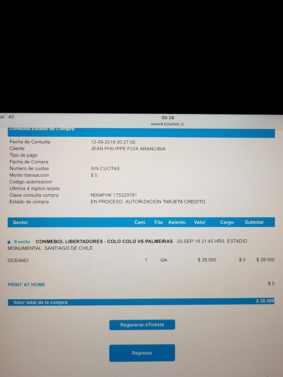 jpfoix's tweet photo. @TicketekChile entre #1016 a comprar mi entrada para Colo-Colo, nunca me dio opción de pagar y automáticamente seleccionó pagar este ticket a 0 pesos. Finalmente no tengo entrada? https://t.co/c8MekoYuzo