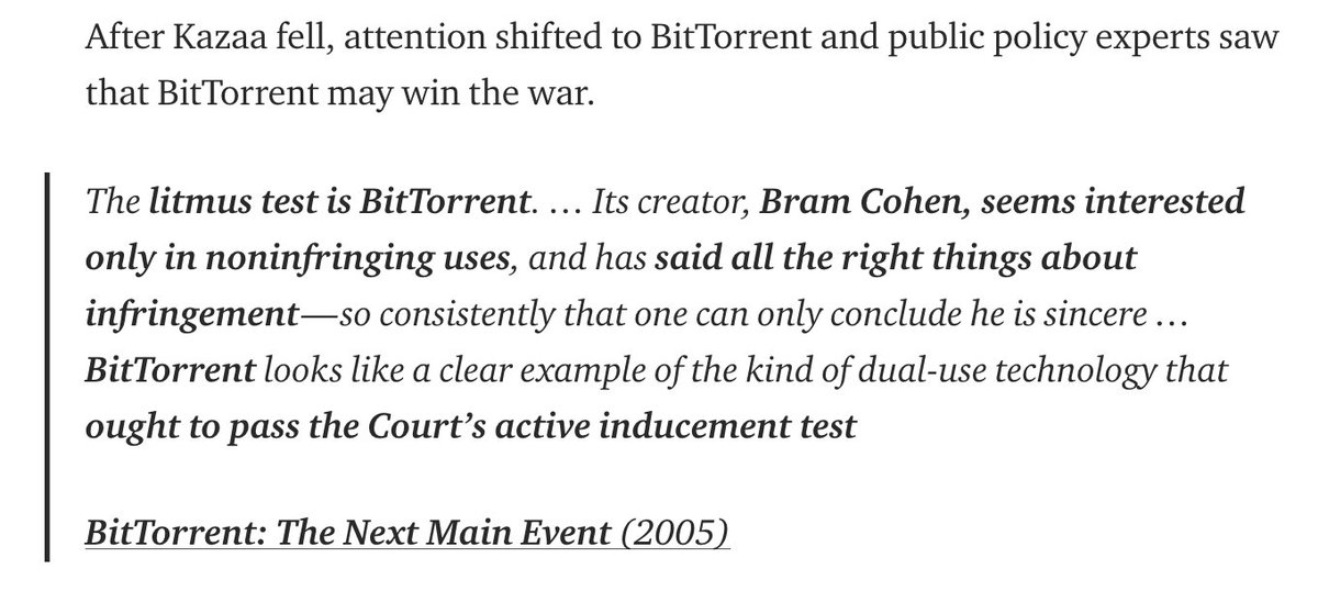BitTorrent won the legal war by being thorough:• Website talked about hosting not downloading•  @bramcohen only talked about legal uses. Claimed no profit motive• Prominent free speech defense on website• Redundancy via OSS clients• Outsourced liability to Pirate Bay