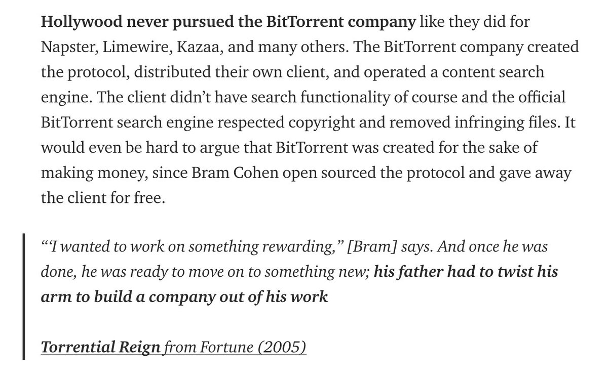 BitTorrent won the legal war by being thorough:• Website talked about hosting not downloading•  @bramcohen only talked about legal uses. Claimed no profit motive• Prominent free speech defense on website• Redundancy via OSS clients• Outsourced liability to Pirate Bay