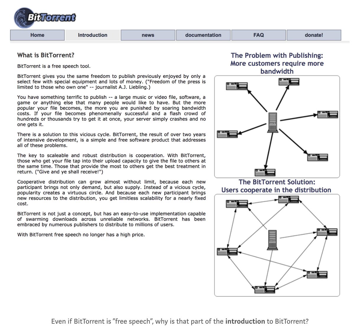 BitTorrent won the legal war by being thorough:• Website talked about hosting not downloading•  @bramcohen only talked about legal uses. Claimed no profit motive• Prominent free speech defense on website• Redundancy via OSS clients• Outsourced liability to Pirate Bay