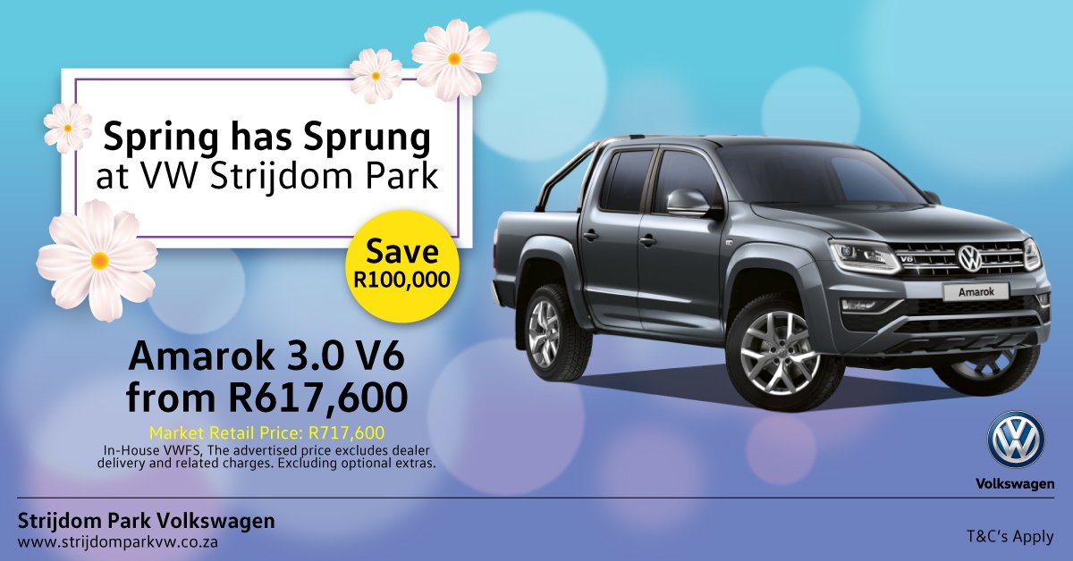 StrijdomVW's tweet photo. Adventure awaits in your New VW Amarok this Spring!
Purchase your Amarok 3.0 V6 now from R617 600!
YOU SAVE R100 000!

Dial 011 795 5082 now to book your test drive!
https://t.co/aIU646uGZL
T&amp;C`s apply https://t.co/2hcg7UJXsn