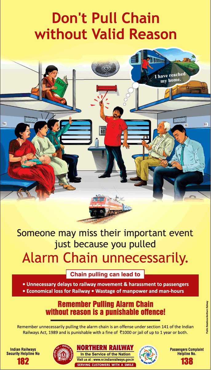 Indiagovin's tweet photo. Don't Pull Chain without Valid Reason
Someone may miss their important event just because you pulled Alarm Chain unnecessarily
#AlarmChain #NorthernRailways #punishable #pullchain @RailMinIndia @WesternRly @Central_Railway https://t.co/XiXbH4MOE1