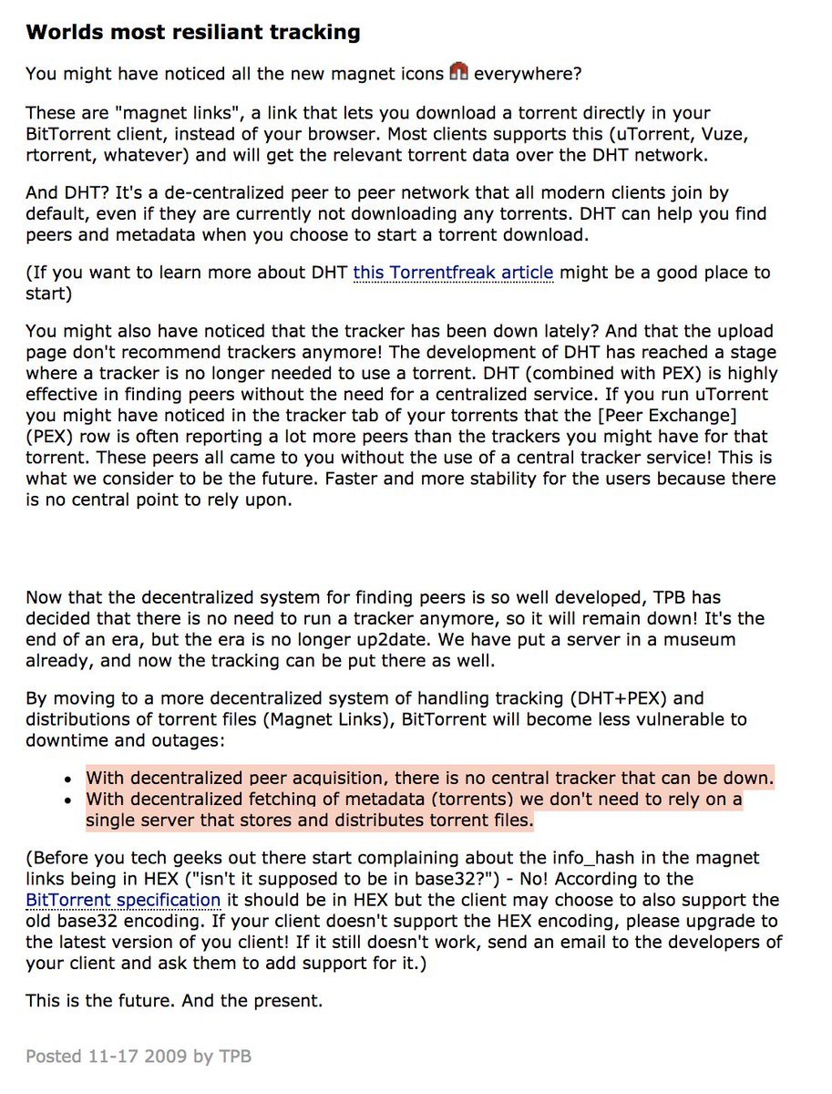 Passing the buck to activists buys room to decentralize. While Hollywood fought Pirate Bay, the BitTorrent community added• Multitracker support (takedown resilience)• DHTs (decentralized torrent metadata storage)• PEX (peer discovery w/o trackers)Helping The Pirate Bay!