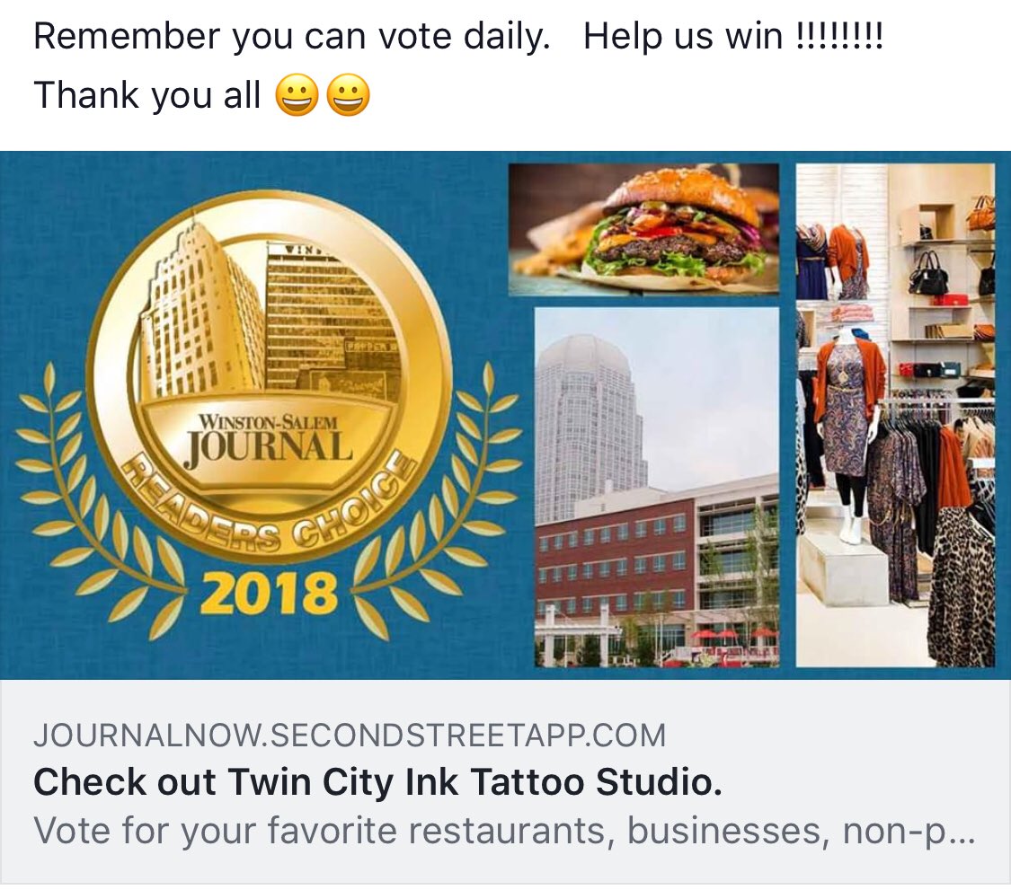 TwinCityInk's tweet photo. Thank you again to everyone for nominating us, we couldn’t have done it without you!!
#Please vote daily!!! Professional Services - Tattoo Parlor. If you haven’t already registered, you’ll be prompted to do so. This team is worth it, only takes a minute 
https://t.co/FIUyLoJhdH https://t.co/kjLrHHHai4