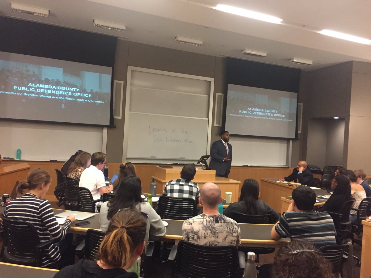 BrendonWoodsPD's tweet photo. Great discussion today with students at @BerkeleyLaw. We discussed our work, #racialjustice #massincarceration #holisticdefense #immigrationdefense & the importance of diversity in public defender’s offices. Thx to Women of Color Collective and MESA for hosting. https://t.co/9MpU3nuoE3