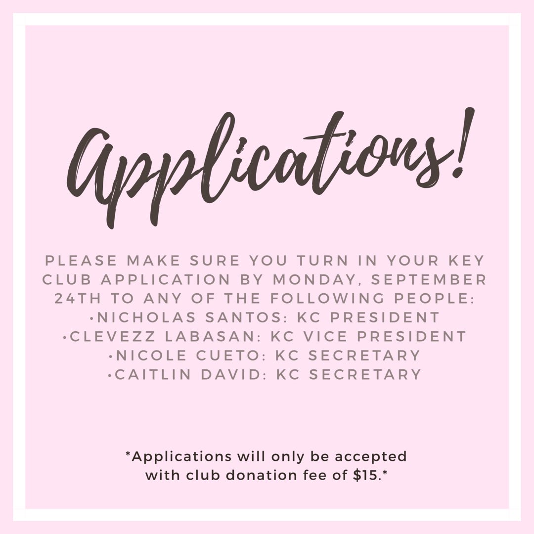 CarsonKeyClub17's tweet image. Hey guys! Applications are due by Sept. 24th everyone please make sure to turn in everything on time! &amp;amp; don’t forget applications will only be accepted with a $15 club donation