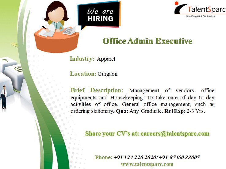 AnavioGlobal's tweet image. Jobs@ #TalentSparc: #OfficeAdminExecutive - with Leading #Apparel Industry client, Location: #Gurgaon, Exp: #2to3Years, Min. Qua: #AnyGraduate .

#Pleasefollowus;

bit.ly/ts_Linkedin
bit.ly/ts_Twitter
bit.ly/ts_Insta
bit.ly/ts_Fb