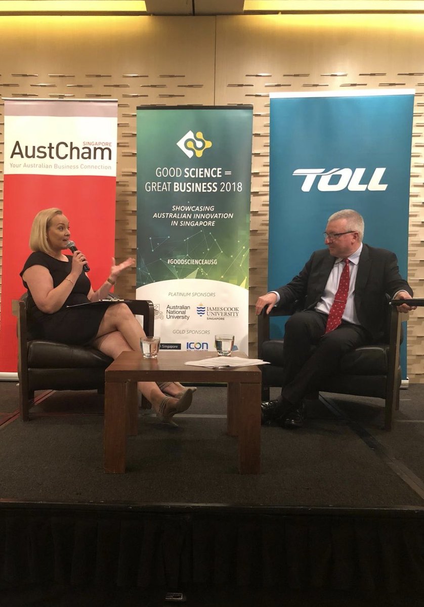AustChamSG's tweet image. Michael Byrne Managing Director of Toll Group speaking to moderator Juliette Daly from Bloomberg on the key importance of human talent, technologies and delivering for customers that successfully led Toll Group to its historical transformation. #goodscienceausg #tollgroup