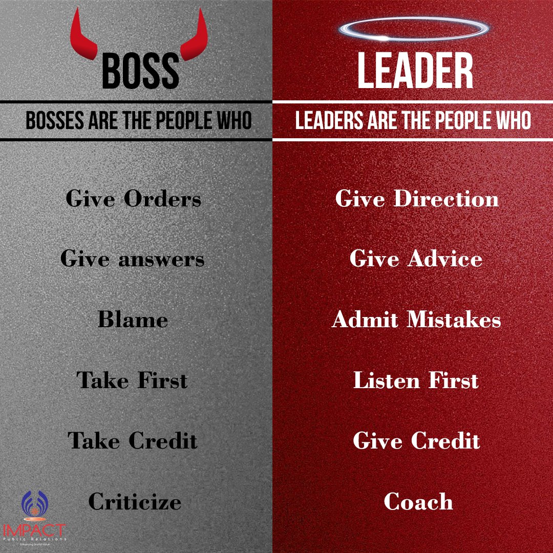 Impact Pr Buildingthefuturetogether Boss Vs Leader Inspire Team Leader Impactpr Pr Professionals