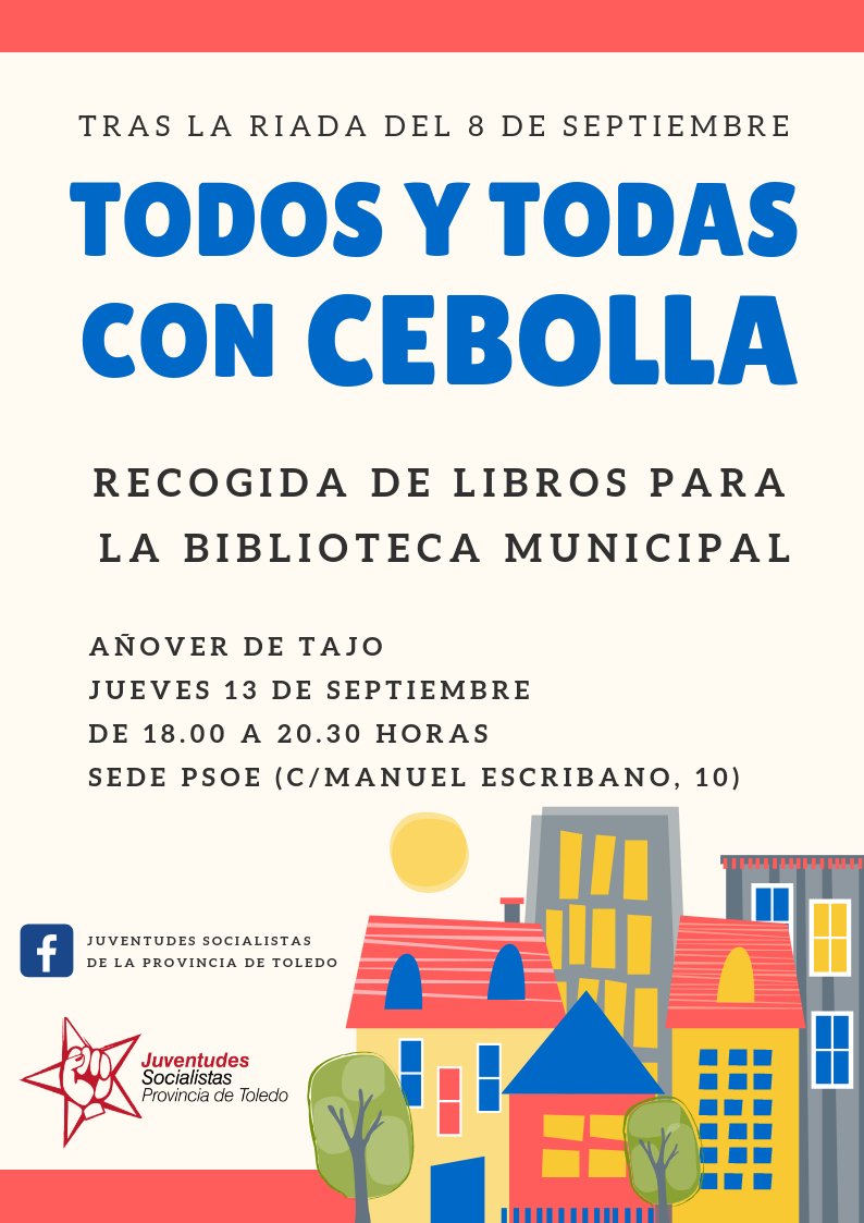 JSAnoverdeTajo's tweet photo. Nos sumamos a la iniciativa de @JSPToledo. Mañana jueves 13, de 18.00 a 20.30 horas, en la Sede del PSOE recogemos libros para la Biblioteca Municipal de Cebolla. https://t.co/sWcIu1NLAc