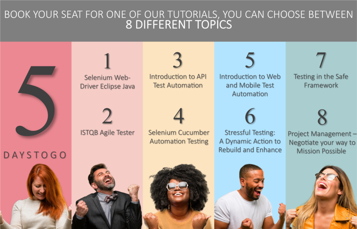 SASTQB's tweet photo. 5 Days to go! Book your seat for one of our exciting tutorials that will advance your career
#ISTQBAgile
#SeleniumWebDriverEclipseJava
#APITestAutomation
#WebandMobileTestAutomation
#StressfulTesting #ProjectManagement
#SeleniumCucumberAutomation
https://t.co/kZY7ogrYaj https://t.co/lZG8yxrycy
