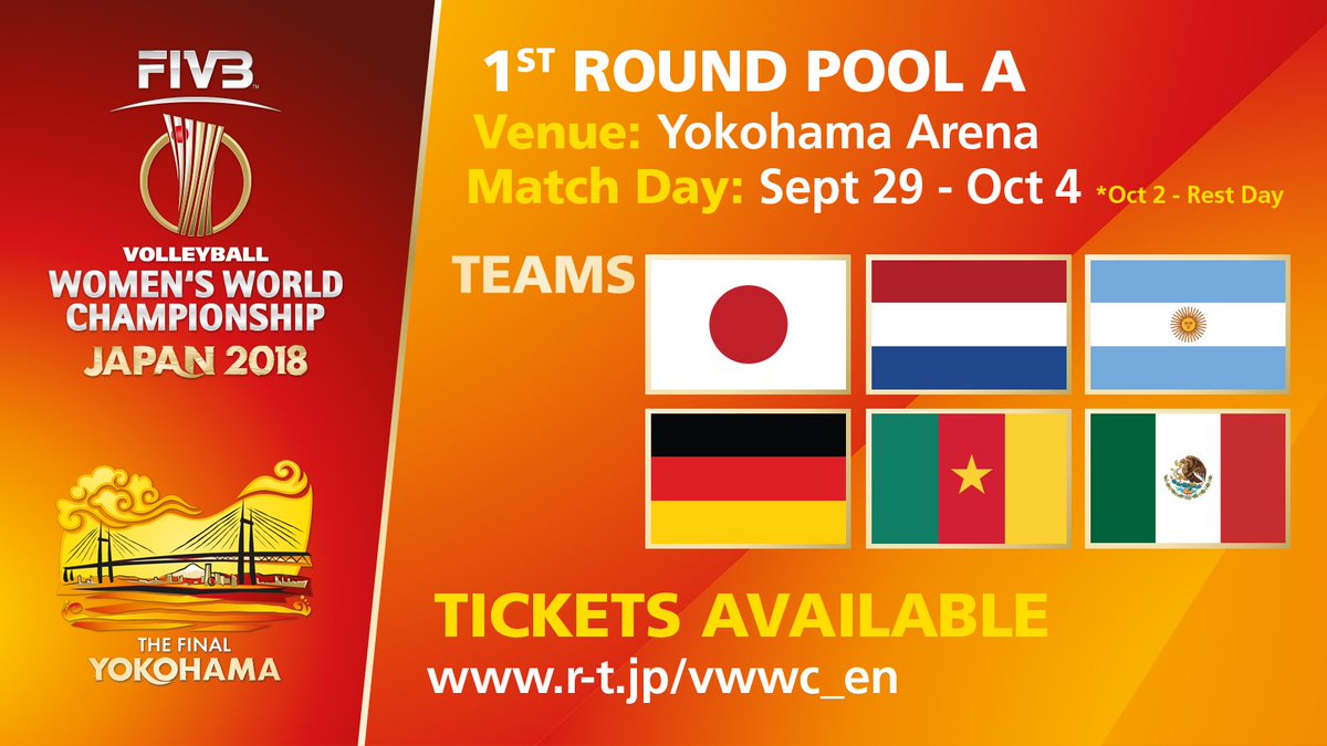1⃣6⃣days to Women's #VolleyballWChs in 🇯🇵
Find which team will be in Pool A👇
#Japan🇯🇵
#TheNetherlands🇳🇱
#Argentina🇦🇷
#Germany🇩🇪
#Cameroon🇨🇲
#Mexico🇲🇽

🏟️Yokohama Arena
📅9/29-10/4
🏐japan2018.fivb.com/en/schedule
🎟️r-t.jp/vwwc_en