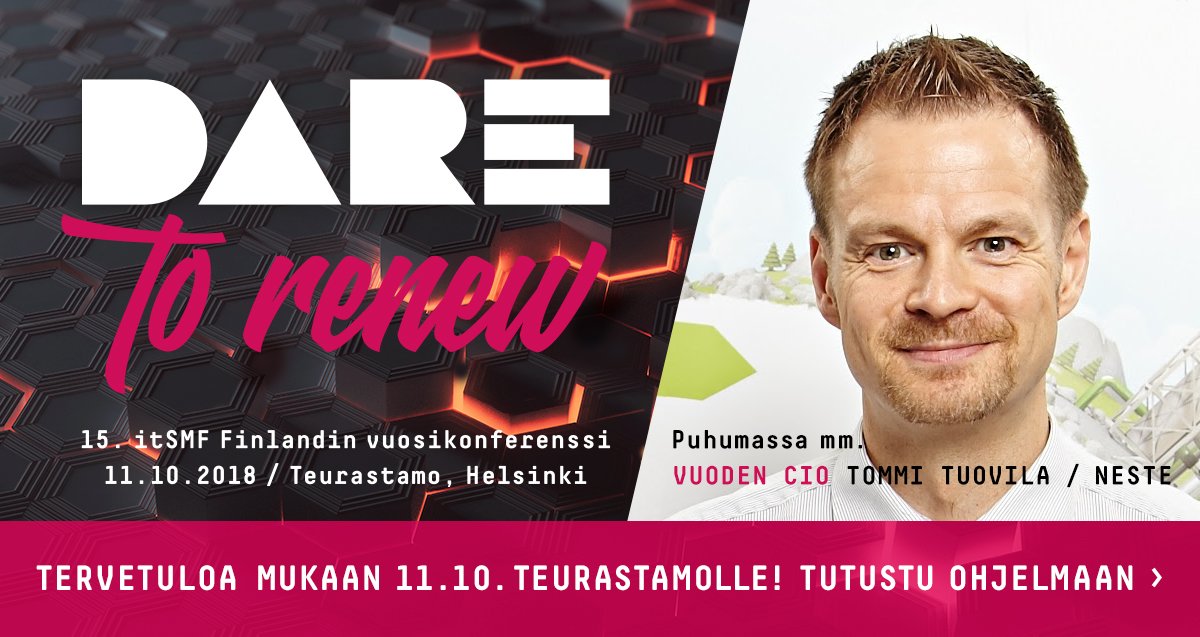 WakaruOy's tweet photo. Kuinka skaalata ja operoida samalla kun pitää kehittää? Vuoden CIO 2018 Tommi Tuovila kertoo @itSMFFinland vuosikonferenssissa liiketoimintastrategiasta IT:n fokuksena! Tule kuulemaan huikeita puheenvuoroja lokakuussa Teurastamolle: https://t.co/pJF3mqYeN0 #itsmf18 @NesteSuomi https://t.co/onjdIlJjQe