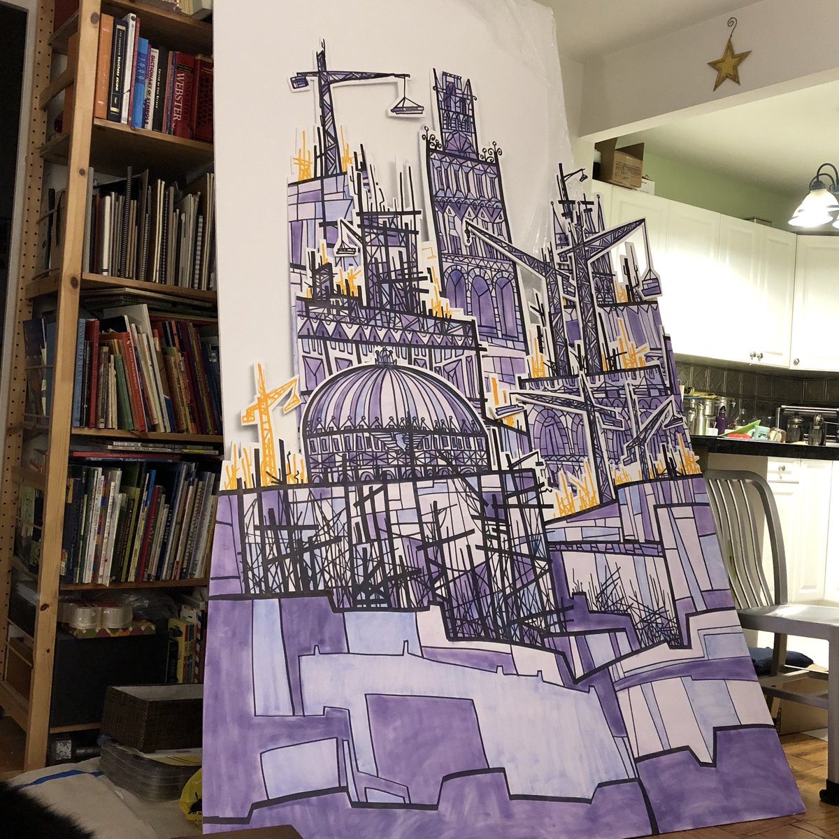 SteveLight's tweet image. Progress.Foam core for the Books of Wonder windows. PanPastels to color the black marker line work. The foam board does not warp. Needs spray fix-The cat seems to like them also. @booksofwonder @candlewickpress @candlewick_sl #windowdisplays #windowdisplay #windowdisplaydesign