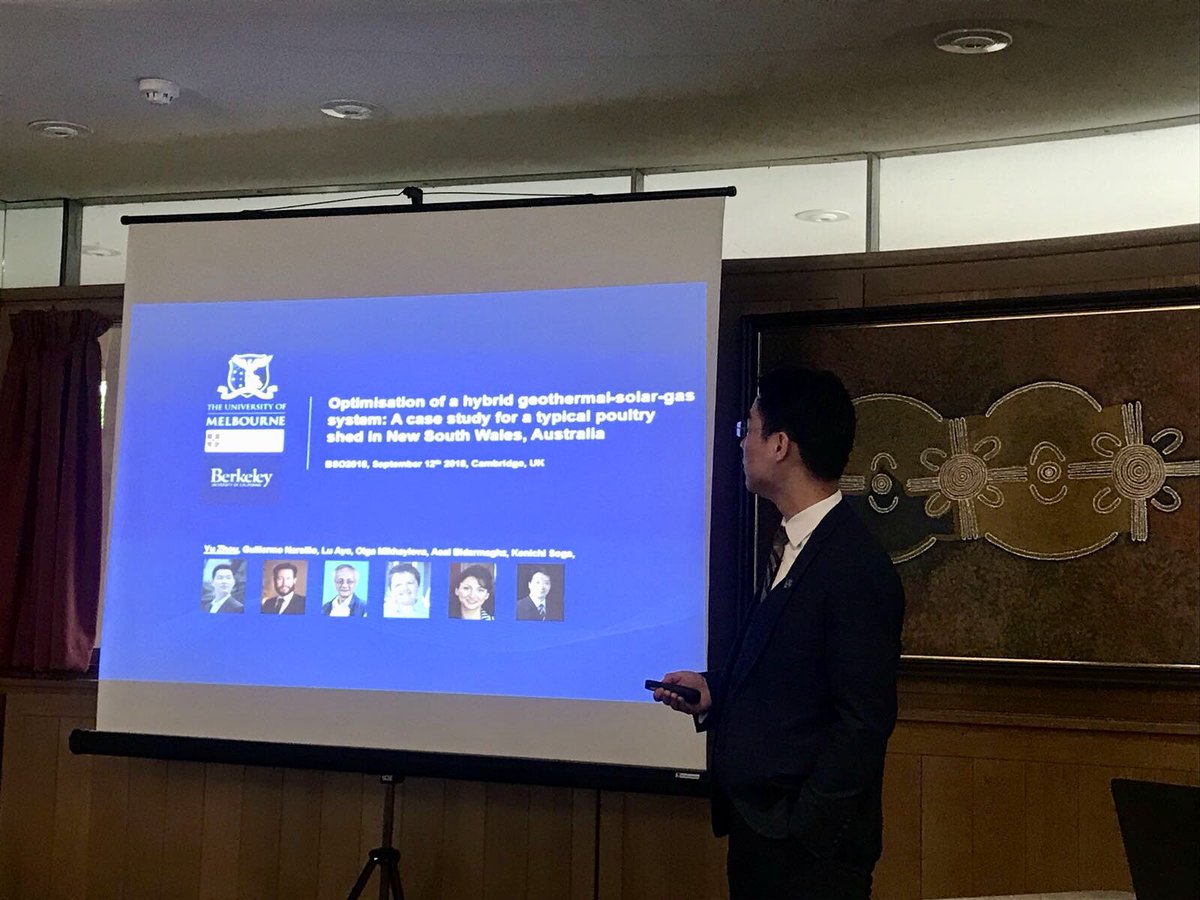 GANarsilio's tweet photo. PhD Student Jake Zhou presenting at the @Cambridge_Eng‘s Building Simulation and Optimisation conference, about an @arc_gov_au LP that is bringing geothermal energy technologies to Australian rural industries in collaboration with https://t.co/VgdvHkb74w and @GolderAssociate https://t.co/qmUgJ25TvP