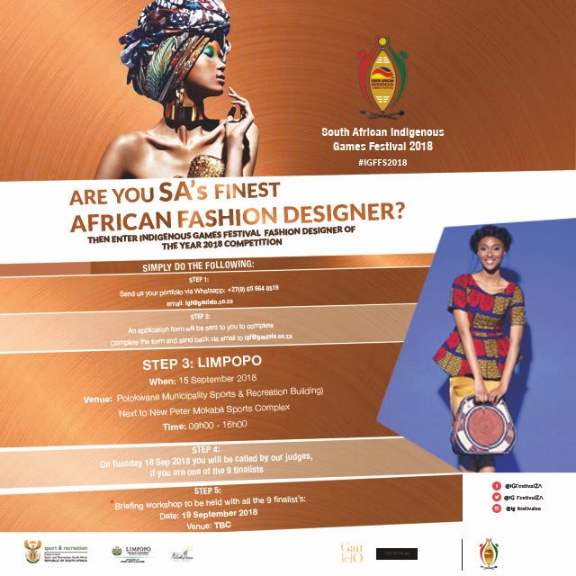 THE INDIGENOUS GAMES FESTIVAL FASHION SHOWCASE IS BACK:

Are you an up and coming designer with a passion for making it BiiiiiIG as a fashion designer entrepreneur!!!

Well then enter this year's fashion show competition.

#IGF2018
#IGFFS2018
#AfricanFashion
#Fashion