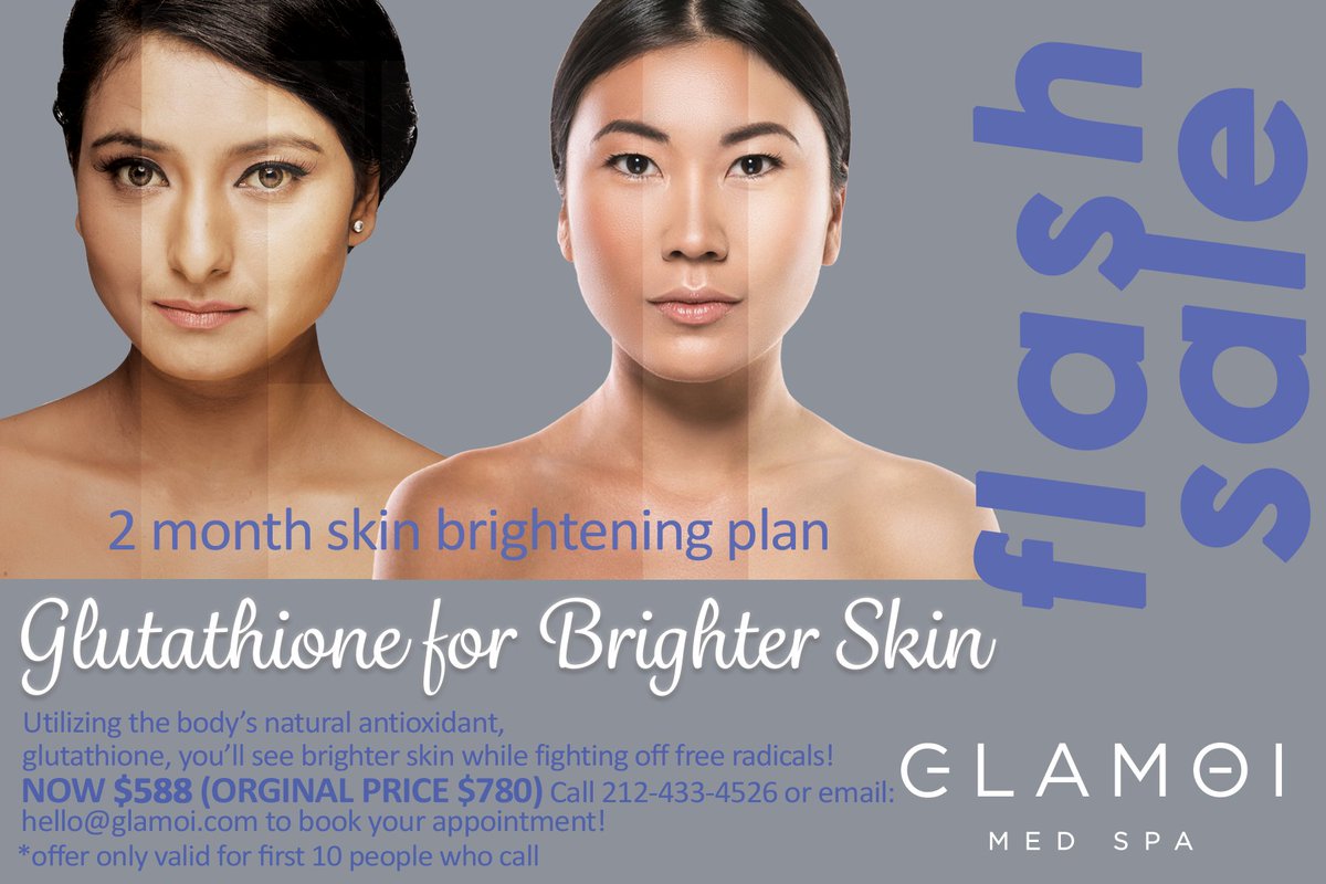 Want brighter skin? Try our 2 month skin brightening plan at #Glamoi. The first 10 people who call us at 212-433-4526 will get a discount on this great plan! Don't miss out!! #callusnow #discount #glutathione #brighterskin #brighteningplan #natural #naturalantioxidant