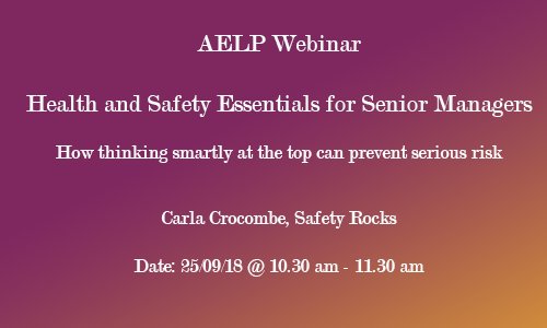 Struggling to wade through the wealth of information to establish 
what you need to do to be compliant with Health &amp; Safety? To find out where to start, join us on this <a href="/AELPUK/">AELP</a> webinar: aelpwebinars.org.uk/health-safety18