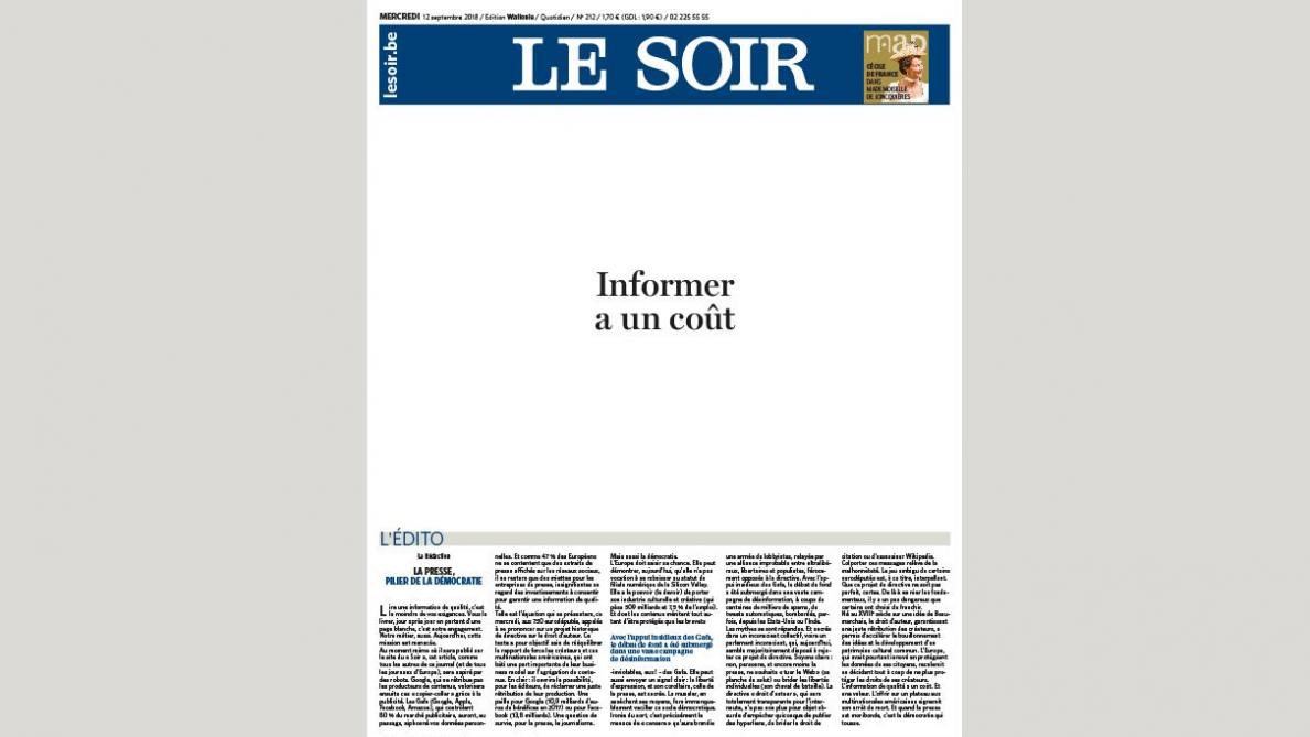 lesoir's tweet photo. #CopyrightReform Droit d'auteur: le nouveau texte ouvrira la possibilité, pour les éditeurs, de réclamer une juste rétribution de leur production aux Gafa 
https://t.co/yhoYqjGecG #Copyright https://t.co/jZJRAn46XM