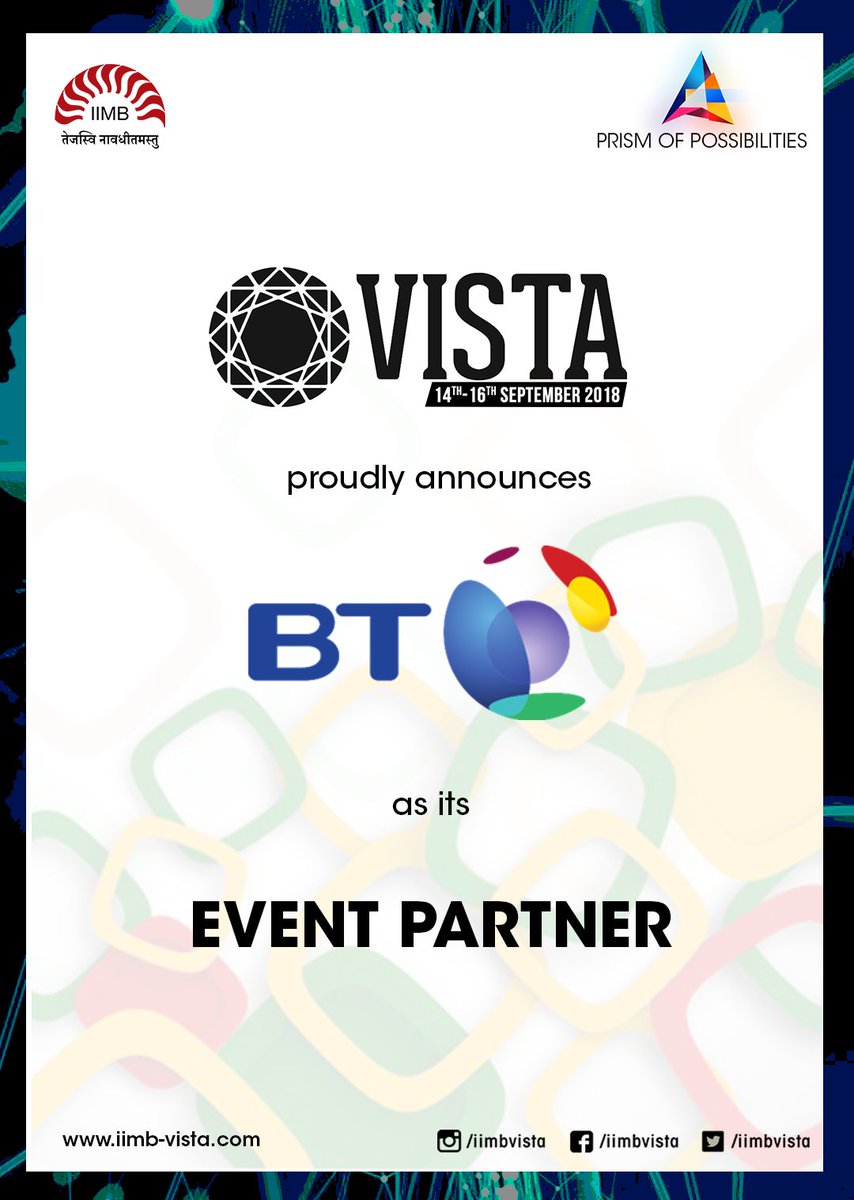iimbvista's tweet photo. We welcome our Event Partner for #DataAndBeyond - British Telecom!
Check out their work @ https://t.co/JSM7Zo3Fqw
Visit our Vista 2018 website @ https://t.co/DXdPRuKCep
#Vista18 #PrismOfPossibilities https://t.co/P4C3j1YS4d