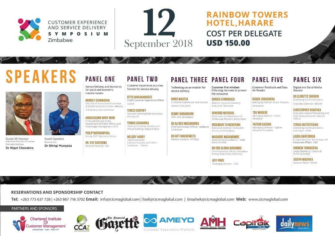 NMBBankZim's tweet photo. We are proud to be part of the Customer Experience and Service Delivery Symposium happening now. @RainbowTowers #ZimCx2018 #cicmglobal @DHLAfrica @CICMGLOBAL @ZimnatLion @OldMutualZW @shingi @ZimTradeAlerts https://t.co/bXb51fNLM9