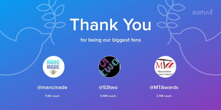 Our biggest fans this week: <a href="/mancmade/">Paul Ludden</a>, <a href="/53two/">53two</a>, <a href="/MTAwards/">Man Theatre Awards</a>. Thank you! via sumall.com/thankyou?utm_s…