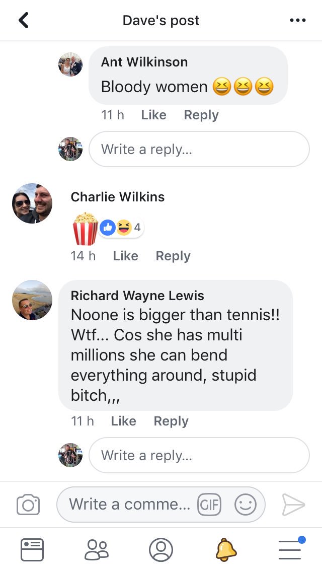 On <a href="/facebook/">Facebook</a> yesterday, my partner (a female founder/CEO of a non for profit organisation) was making a point about the <a href="/serenawilliams/">Serena Williams</a> sexism issue. A group of men (sadly all in the licensed trade) joined in.
This is what she was faced with.
<a href="/EverydaySexism/">EverydaySexism</a> <a href="/MelissaCole/">Melissa Cole</a>