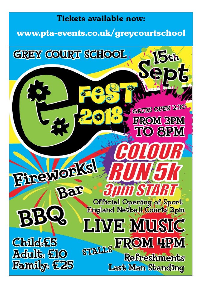 Just 3 more days until G-Fest. Have you got your tickets yet? pta-events.co.uk/greycourtschool
Tickets also on sale on Thursday and Friday lunchtimes outside the main hall (cash &amp; Cheques only) and at Year 7 parents info evening Thursday 13th.