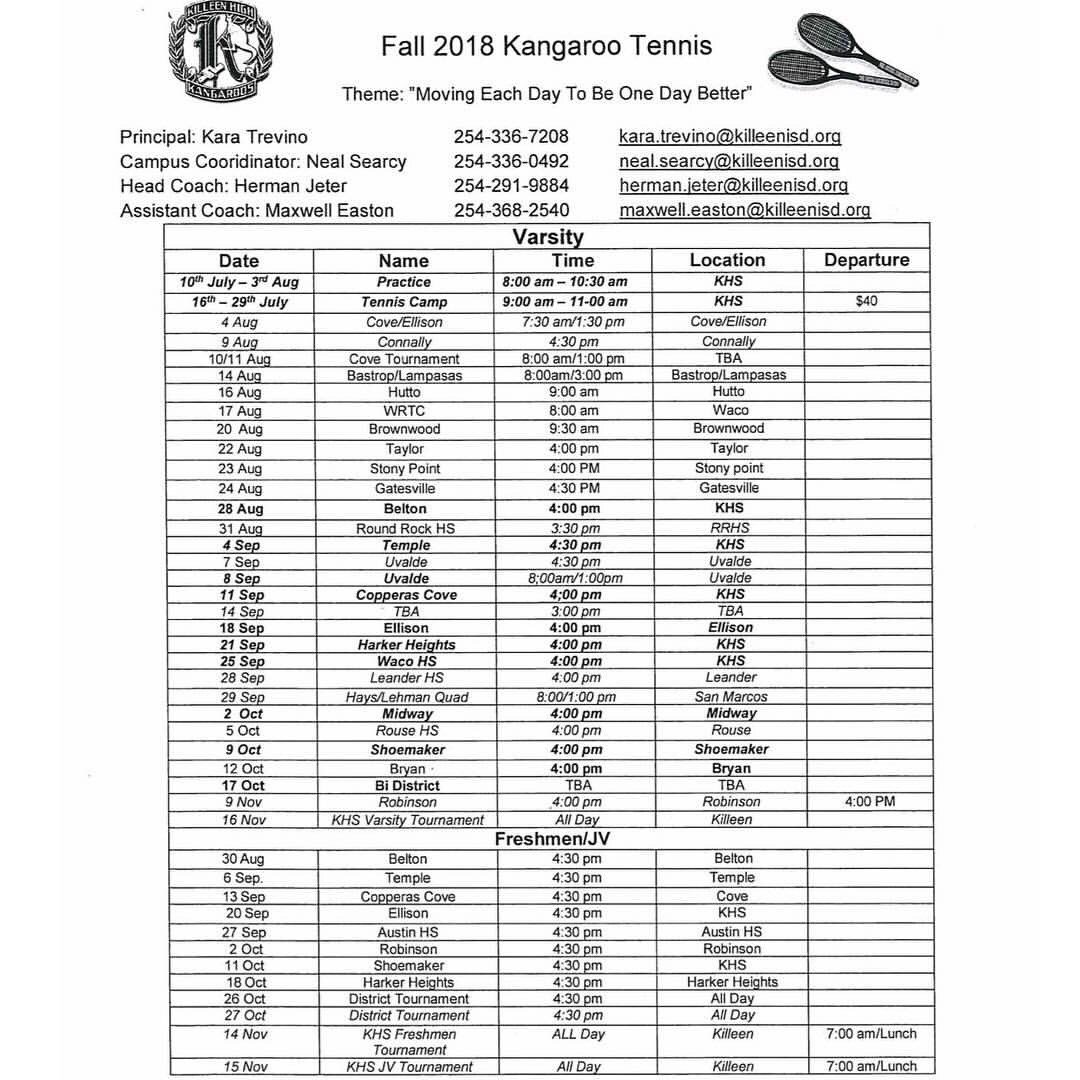 TENNIS SCHEDULE