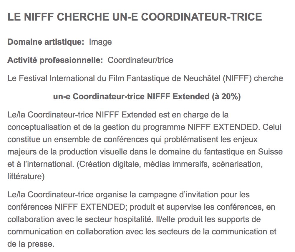 Le #NIFFF recherche un.e coordinateur/trice en charge de la conceptualisation et de la gestion du programme #NIFFFExtended (20%) ! Le poste en détails: artos-net.ch/emploi/annonce…
#emploi #offre #neuchâtel #fantastic #FilmFestival