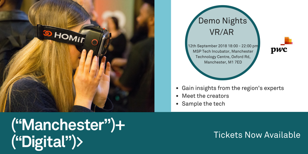 Tonight's the night for Demo Nights : VR and AR. Grab a ticket now and join Greater Manchester's digital and tech community as we enjoy a showcase of the region's top VR &amp; AR work. @PwC_NorthWest @clicksandlinks <a href="/EONRealityInc/">EON Reality</a> <a href="/CreativeARVRhub/">AR VR Hub</a> @shortcgi buff.ly/2x0ZKZ7
