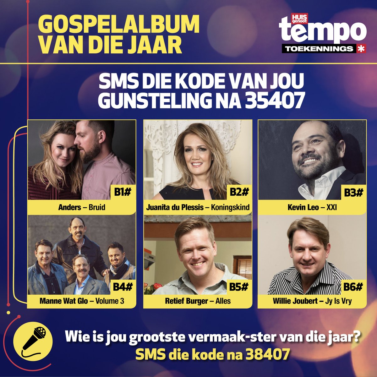huisgenoot's tweet photo. #Tempos2018@JoubertWillie se Jy Is Vry is benoem vir gospelalbum van die jaar. Stem hier https://t.co/FGMpIx0XVS https://t.co/7JcWy0Mt08