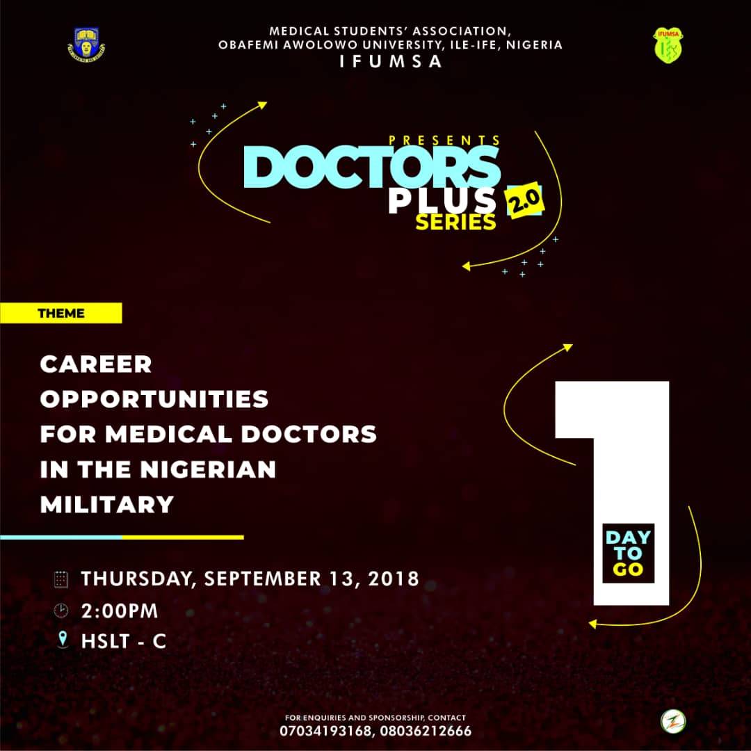 IfumsaOau's tweet photo. Why be just a Doctor, when you can be a Doctor Plus 😉
It's happening live tomorrow...be there!
#IFUMSA #DoctorPlus #Medicine #Medics #OAU #Military #Navy #Army #Airforce #NigeriaArmedforces #Paramedics #FirstAid #Conference https://t.co/Hgv3jzY45H