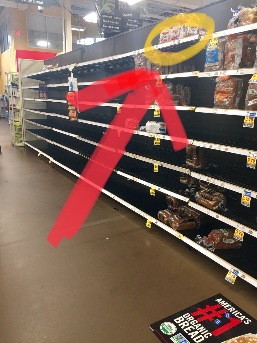 MorganDeanRVA's tweet photo. Things weโve learned from #Florence preparations: Even in the most desperate of times, when thereโs nothing else left to eat....no one wants to eat Rye Bread! Apologies to all the #rye farmers out there, itโs true, check out this picture! #harshtruth #byebyerye #fullshelf #RVA https://t.co/yWdWHgLaS4