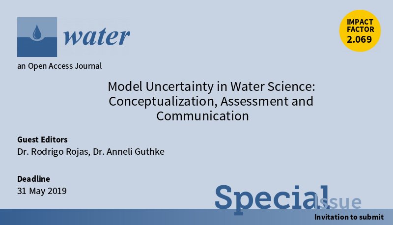 Water_MDPI's tweet image. #mdpiwater Special Issue opened for submission: #ModelUncertainty in Water Science: Conceptualization, Assessment and Communication mdpi.com/si/18345 Submission deadline: 31 May 2019; Guest Editors: Dr. Rodrigo Rojas and Dr. Anneli Guthke