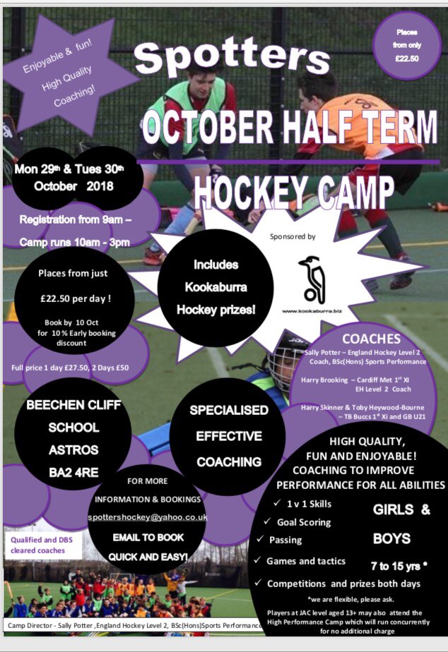spottershockey's tweet photo. Spotters Hockey Half Term Camp 29 and 30 October. Book now to secure a place and to get early booking discount! #KookaburraHkyPrizes #SpecialisedAndEffectiveCoaching #Hockey #HockeySkills #HockeyGamePlay #HockeyFamily @CityofBathHC @TBBHockey @KookaburraHkyUK https://t.co/hAyzMYmk8L