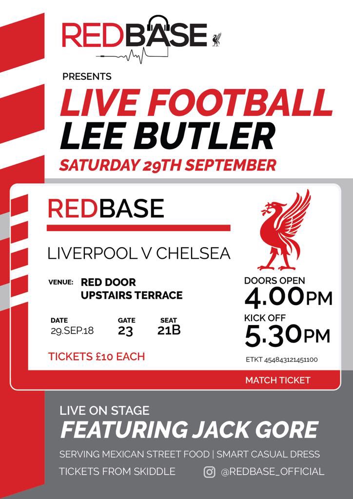 Liverpool v Chelsea LIVE at <a href="/RedDoorLpool/">Red Door Liverpool</a> with <a href="/redbase_/">RedBase</a> 

Ill be on the decks afterwards - Full game live on 2 screens with food too 

Tickets at <a href="/skiddle/">Skiddle</a>