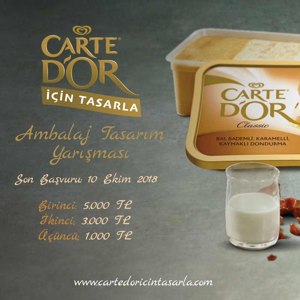 Carte D'or ile ortaklaşa gerçekleştirdiğimiz yep yeni bir tasarım yarışması başlıyor! 
Mevcut Carte D’or dondurma kaplarını reforme et yada geleceğin yepyeni ve alışılagelmemiş ambalajını tasarla,  alkışlar sana gelsin! buff.ly/2x4lSBE #CarteDoricintasarla