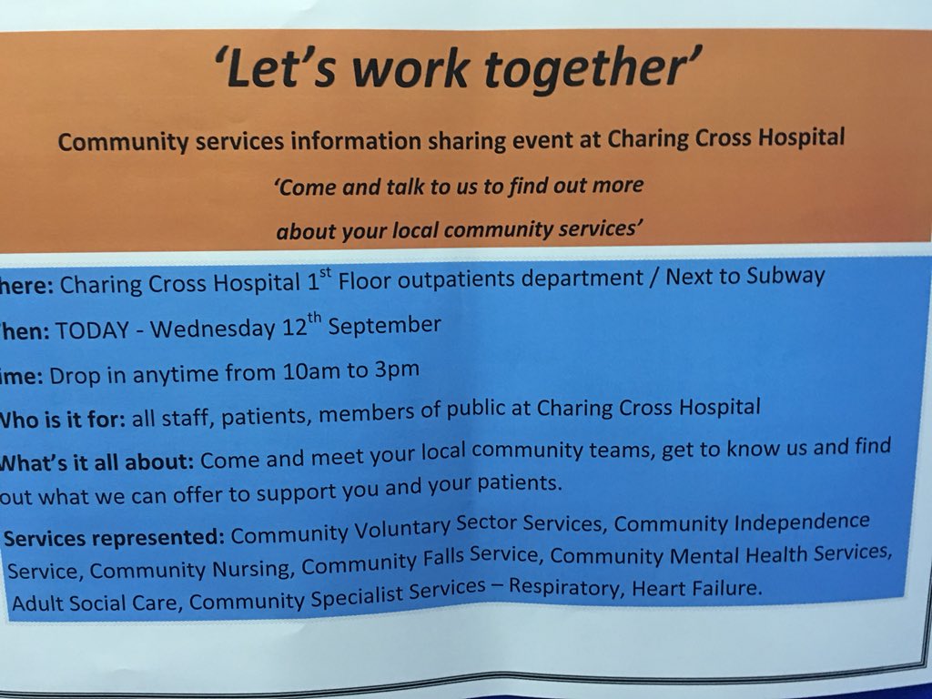 Let’s work together. Community services information sharing event at Charing Cross Hospital TODAY come and talk to us.  #3BCIS #imperial #charingcrosshospital #ICHNT