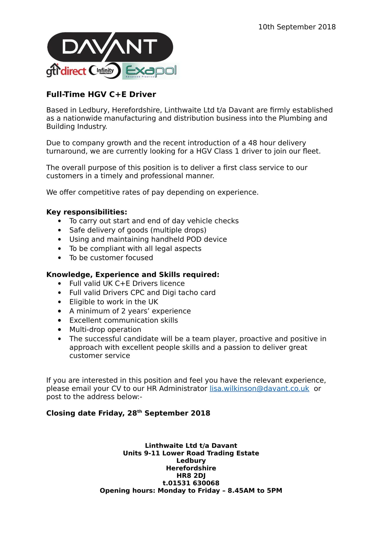 Davant On Twitter Employment Opportunity Full Time Hgv C E Driver Due To Company Growth And The Recent Introduction Of A 48 Hour Delivery Turnaround We Are Currently Looking For A Hgv Class 1