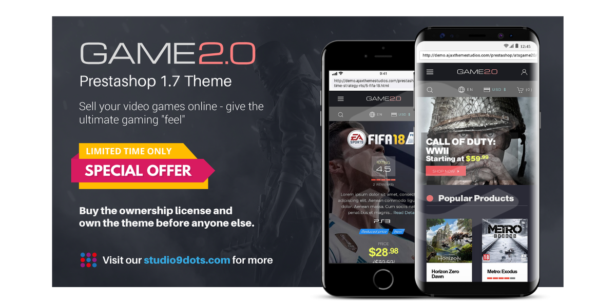 studio9dots's tweet photo. Less than a day to own the exclusive license of our Game 2.0 #prestashop #theme. That means you are the only one to own the theme. Get it now before #offer expires in a day's time. Visit https://t.co/bRFM4OaZDp now. https://t.co/QkA2MBZKVt
