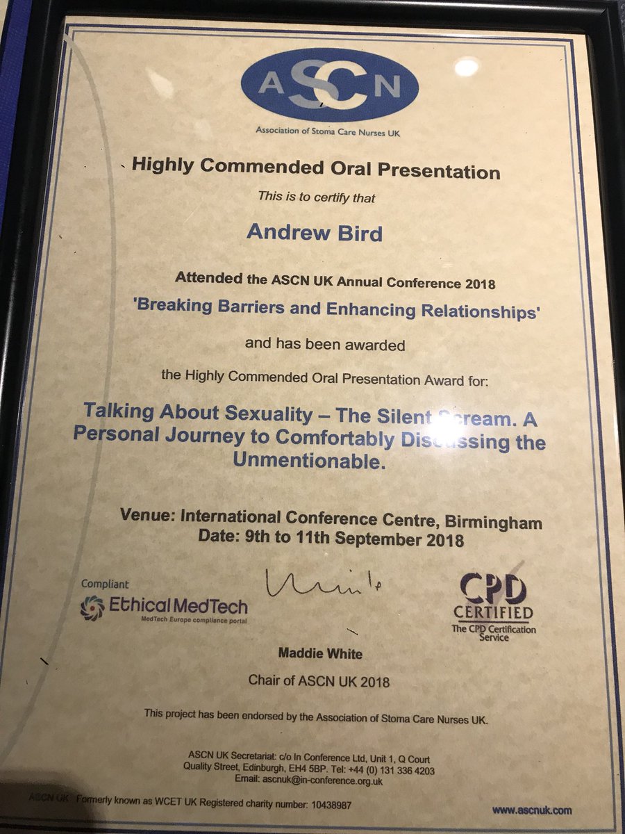 Congratulations to <a href="/AndrewBirdSCN/">Andrew Bird</a> for his award at <a href="/ASCNUK/">ASCN UK</a>. A very inspiring talk on encouraging patients to talk about and express their sexuality whilst having a Stoma. <a href="/NUHSurgery/">NUH Surgery and Associated Services</a> <a href="/NUHNursing/">NUH Nursing</a> <a href="/gbtpo/">Dr Theresa Porrett</a> @CleggAndrea <a href="/sdasaunders/">Sharon Saunders</a> <a href="/nuhcolorectal/">NUHColorectalTeam</a> <a href="/denysewhitehead/">Denyse Whitehead</a>