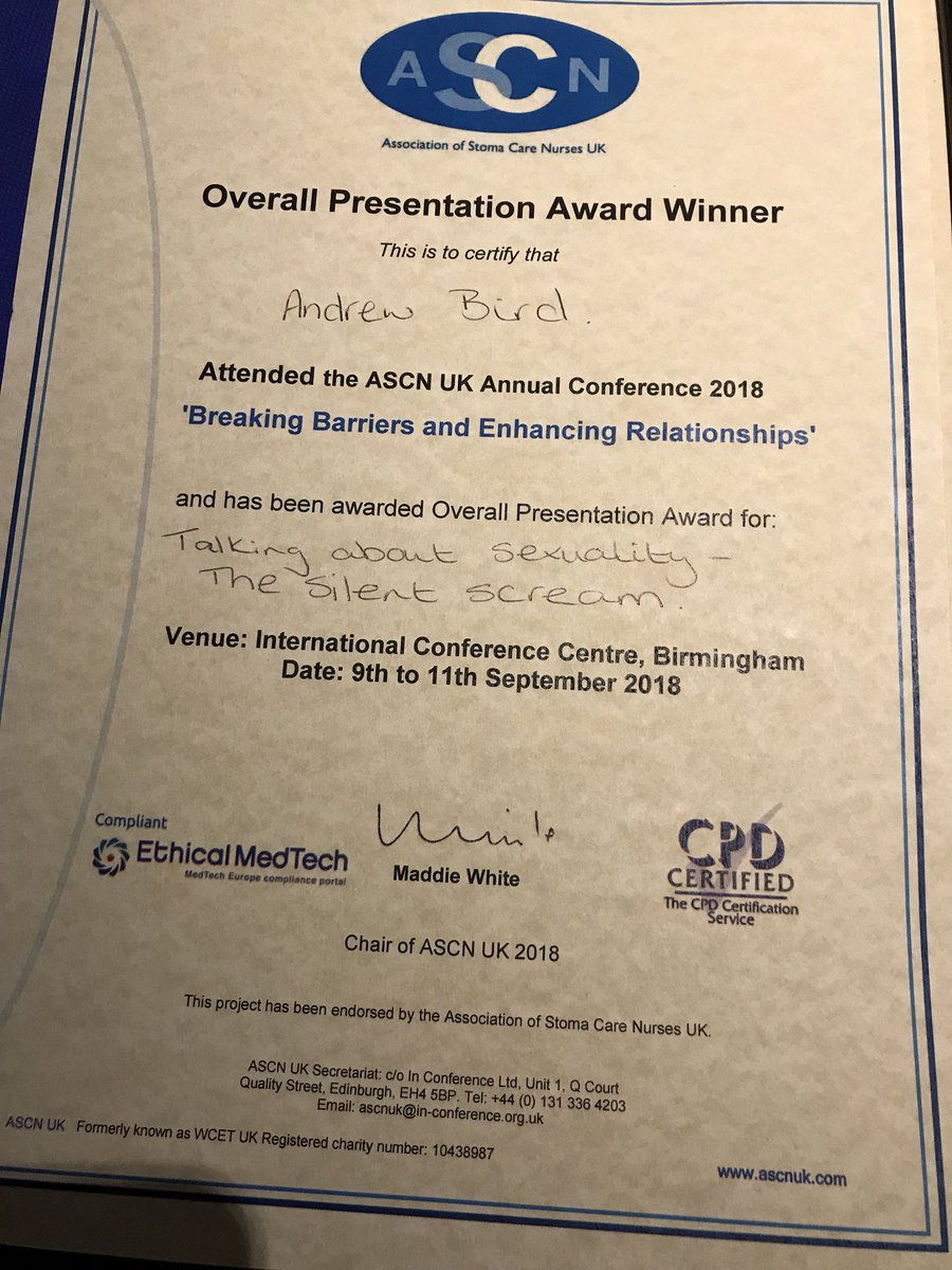 Huge huge congratulations to <a href="/AndrewBirdSCN/">Andrew Bird</a> for finally being awarded Overall Presentation Award for his presentation. Fantastic - well done Andrew <a href="/NUHStoma/">NUH Stoma Care Team</a> are rocking!! @CleggAndrea <a href="/sdasaunders/">Sharon Saunders</a> <a href="/denysewhitehead/">Denyse Whitehead</a>  <a href="/NUHSurgery/">NUH Surgery and Associated Services</a> <a href="/nuhcolorectal/">NUHColorectalTeam</a>