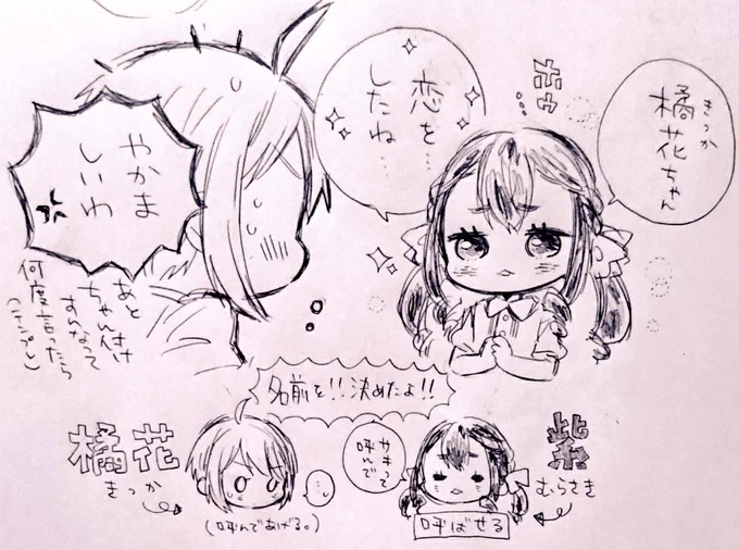 昔から描いてるキャラが形になってきて嬉しいので、昔から描いてるキャラに代弁してもらった…
このコンビ好きなんですけど同じお話の中で描く予定は当分なさそうです。
あと名前も決まってきた!紫の子はそのまんまですが。 