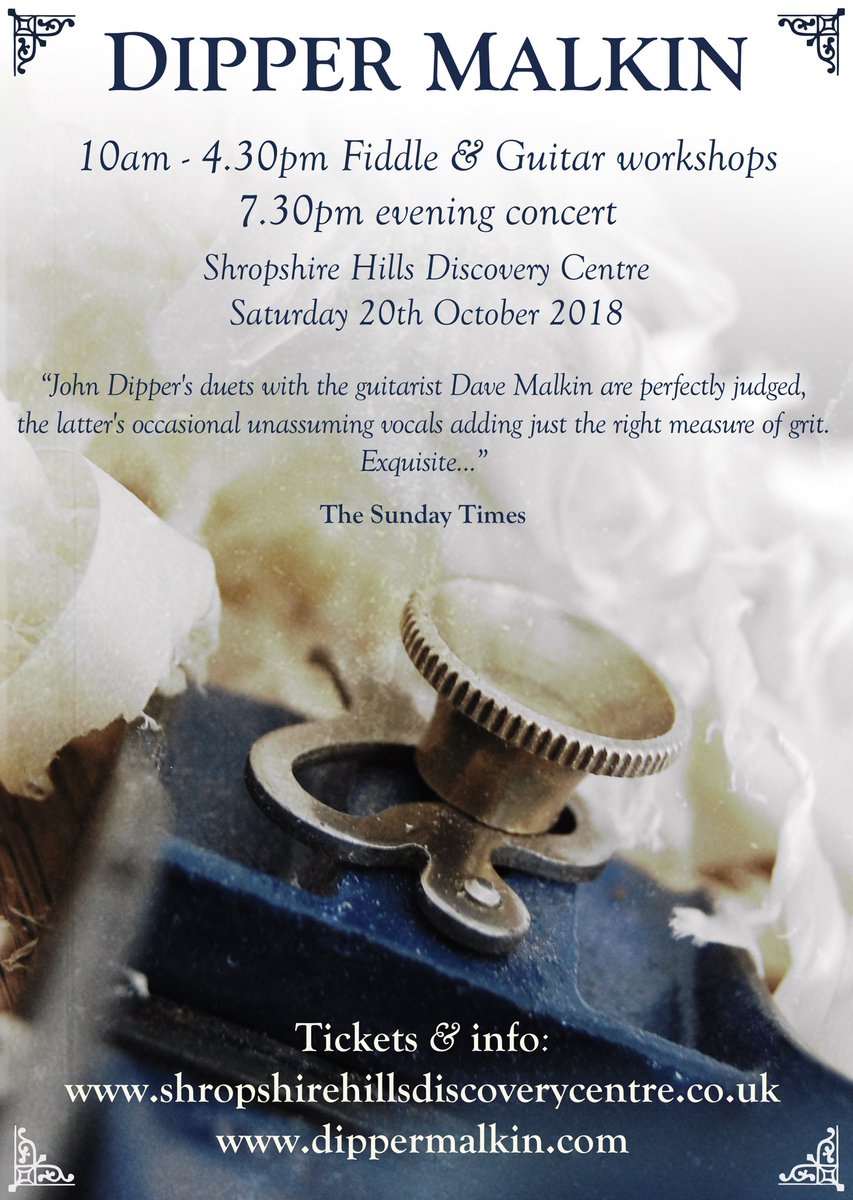 We will be running a day of #fiddle and #guitar workshops and an evening concert at the <a href="/ShropsHillsDC/">Shropshire Hills Discovery Centre</a> on the 20/10/2018 If you fancy brushing up your technique and approach to playing and like posh biscuits then do come along! shropshirehillsdiscoverycentre.co.uk
