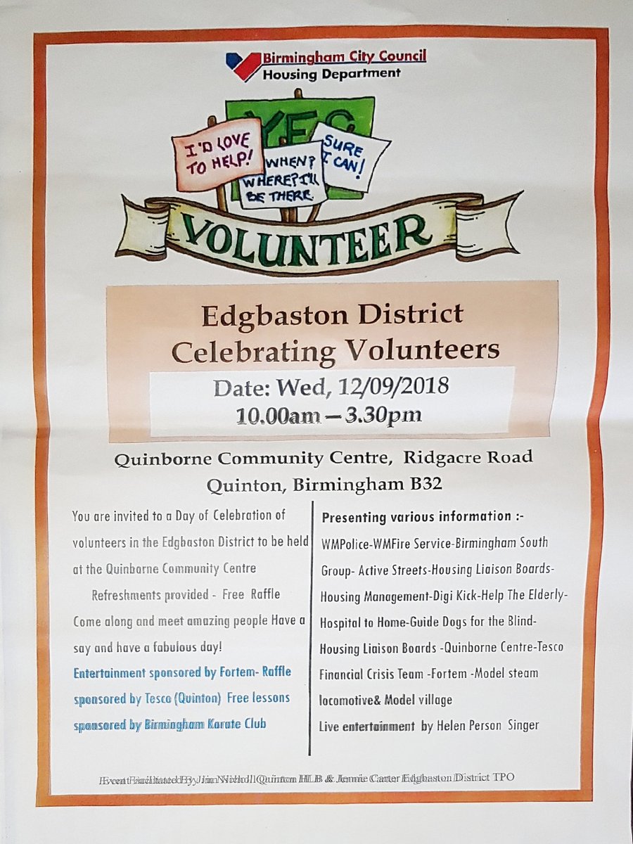 Edgbaston District Celebrating Volunteers event today 12th Sept 2018 at Quinborne Com Ctr, Ridgacre Rd B32 from 10am-3pm.