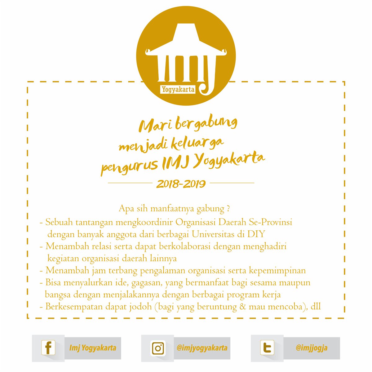 imjjogja's tweet photo. OPEN RECRUITMENT PENGURUS IMJ YOGYAKARTA 2018-2019 😊

Mari bergabung 😀
form ini sekaligus untuk merekap anggota IMJ

@spmedia_jbg @Info_Jombang @JombangID @PolresJBG @jombang_tv @faktualnewsco @DenesiaCreative @jombangberiman_ https://t.co/vhyoUf7vx6